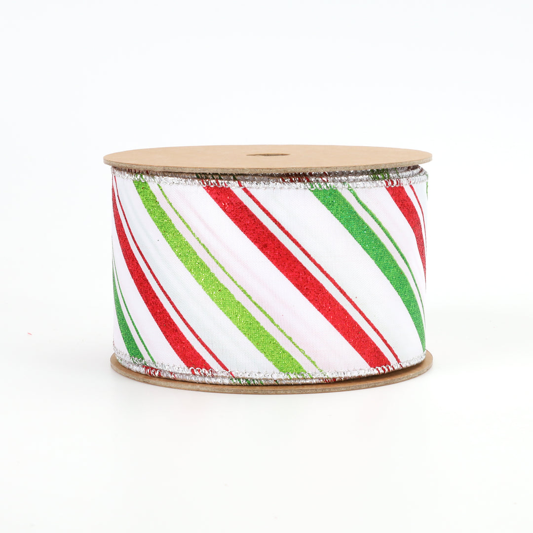 2 1/2" Wired Ribbon | "Holiday Striped" White/Red/Green | 10 Yard Roll