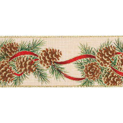 Natural wired ribbon with glittering pinecones, pine needle, perfect for creating festive Christmas decorations and DIY crafts.