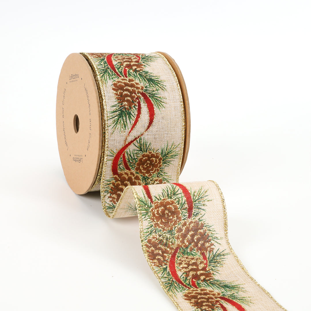 2 1/2" Wired Ribbon | "Glitter Pinecone" Natural/Gold Multi | 10 Yard Roll