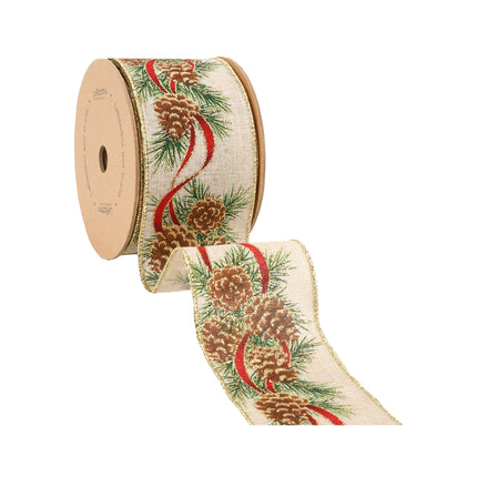 A roll of glittering pinecones Christmas ribbon (natural with gold trim), great for holiday-themed events, crafts, and decorative accents.