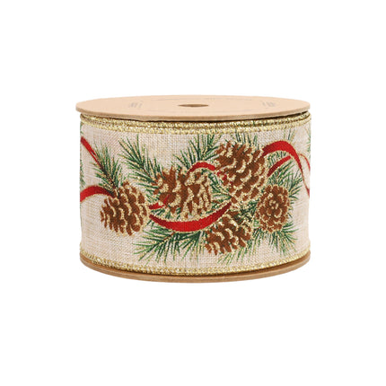 Christmas ribbon with glittering pinecones, pine needle, and gold edging, ideal for elevating holiday decorations and crafting with a festive.