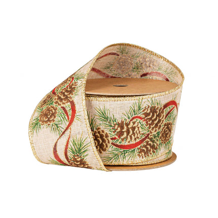 A spool of Christmas ribbon featuring glittering pinecones, green pine needles, on a natural background with gold edges.