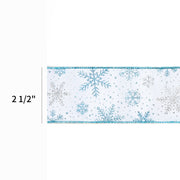 2 1/2" Wired Ribbon | "Glitter Snowflake" White/Turquoise | 10 Yard Roll