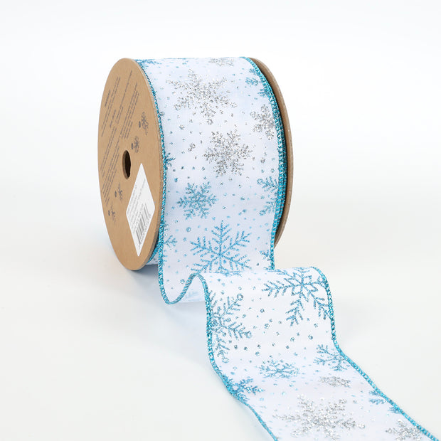 2 1/2" Wired Ribbon | "Glitter Snowflake" White/Turquoise | 10 Yard Roll