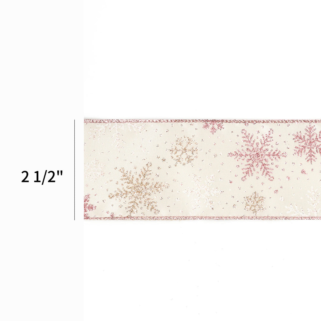 2 1/2" Wired Ribbon | "Glitter Snowflake"" Antique White/Rose Gold | 10 Yard Roll