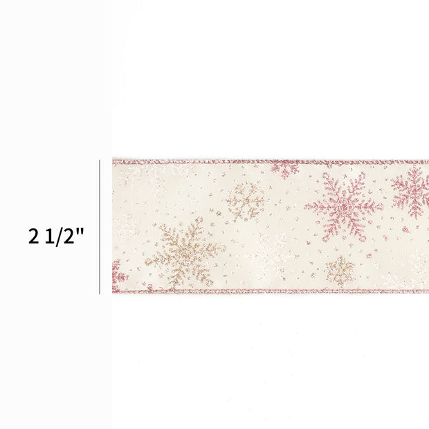 2 1/2" Wired Ribbon | "Glitter Snowflake"" Antique White/Rose Gold | 10 Yard Roll