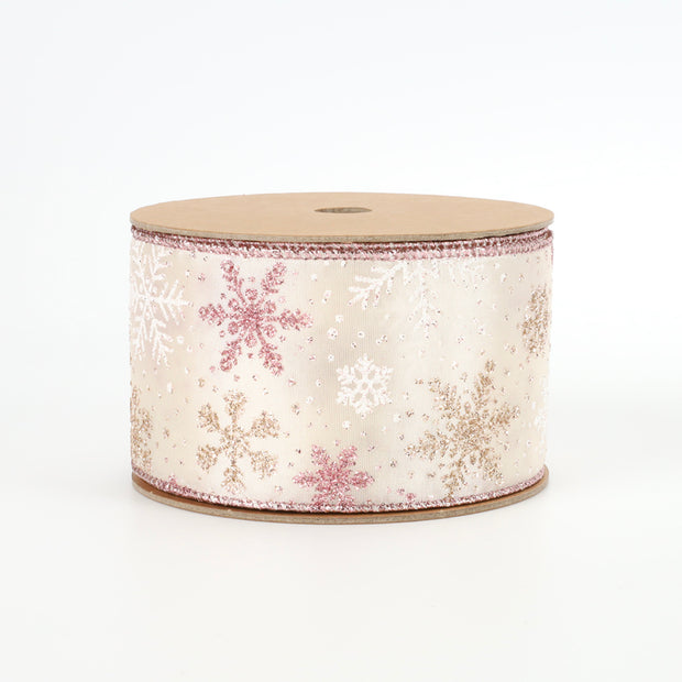 2 1/2" Wired Ribbon | "Glitter Snowflake"" Antique White/Rose Gold | 10 Yard Roll