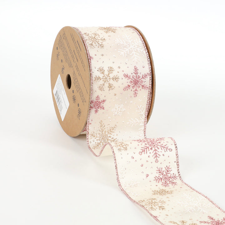 2 1/2" Wired Ribbon | "Glitter Snowflake"" Antique White/Rose Gold | 10 Yard Roll