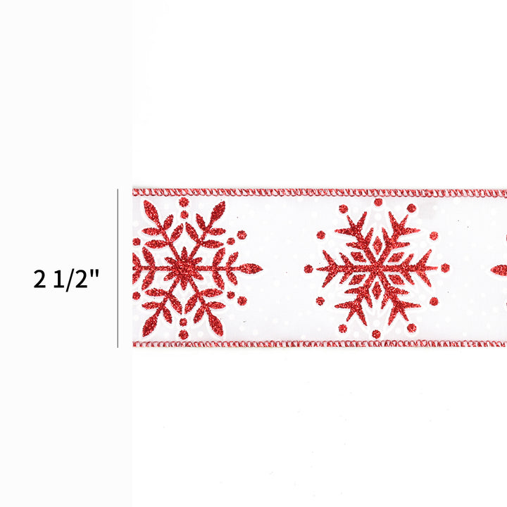 2 1/2" Wired Ribbon | "Jumbo Glitter Snowflake" White/Red | 10 Yard Roll