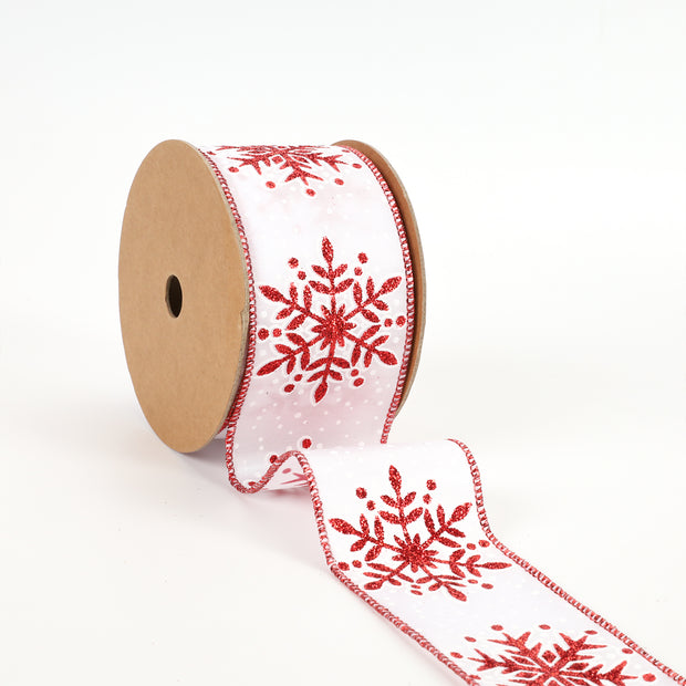 2 1/2" Wired Ribbon | "Jumbo Glitter Snowflake" White/Red | 10 Yard Roll