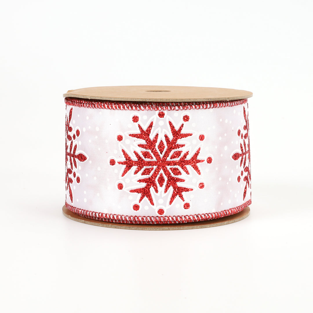 2 1/2" Wired Ribbon | "Jumbo Glitter Snowflake" White/Red | 10 Yard Roll