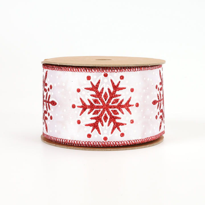 2 1/2" Wired Ribbon | "Jumbo Glitter Snowflake" White/Red | 10 Yard Roll