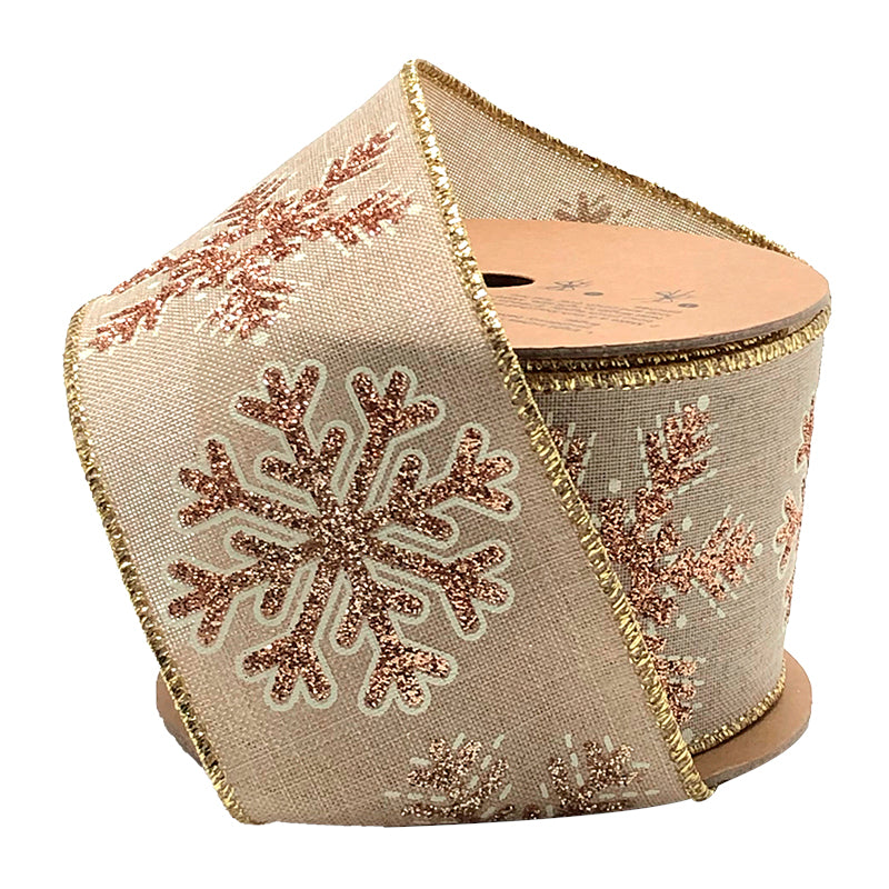 2 1/2" Wired Ribbon | "Jumbo Glitter Snowflake" Natural/Gold | 10 Yard Roll