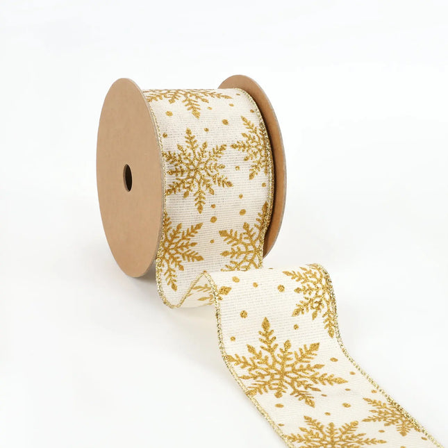 2 1/2" Wired Ribbon | "Glitter Snowflake" Antique White/Gold | 10 Yard Roll LaRibbons and Crafts
