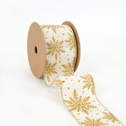 2 1/2" Wired Ribbon | "Glitter Snowflake" Antique White/Gold | 10 Yard Roll