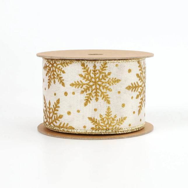 2 1/2" Wired Ribbon | "Glitter Snowflake" Antique White/Gold | 10 Yard Roll LaRibbons and Crafts