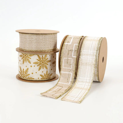 2 1/2" Wired Ribbon | "Glitter Snowflake" Antique White/Gold | 10 Yard Roll LaRibbons and Crafts