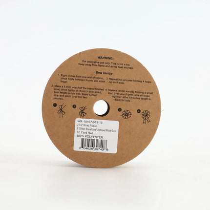 2 1/2" Wired Ribbon | "Glitter Snowflake" Antique White/Gold | 10 Yard Roll LaRibbons and Crafts