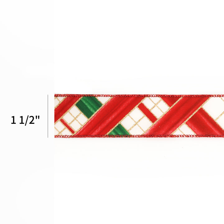 1 1/2" Wired Ribbon | "Faux Argyle" White/Red Multi | 10 Yard Roll