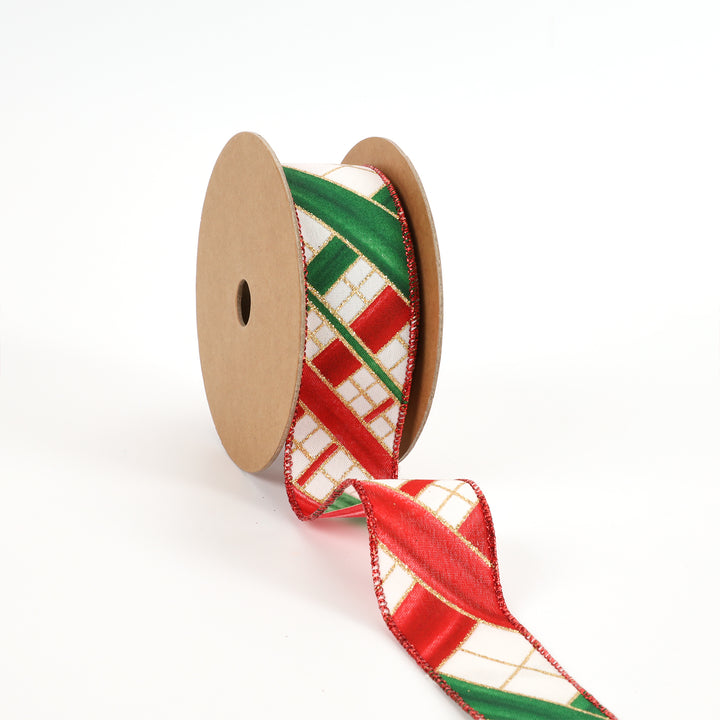 1 1/2" Wired Ribbon | "Faux Argyle" White/Red Multi | 10 Yard Roll