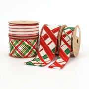 1 1/2" Wired Ribbon | "Faux Argyle" White/Red Multi | 10 Yard Roll