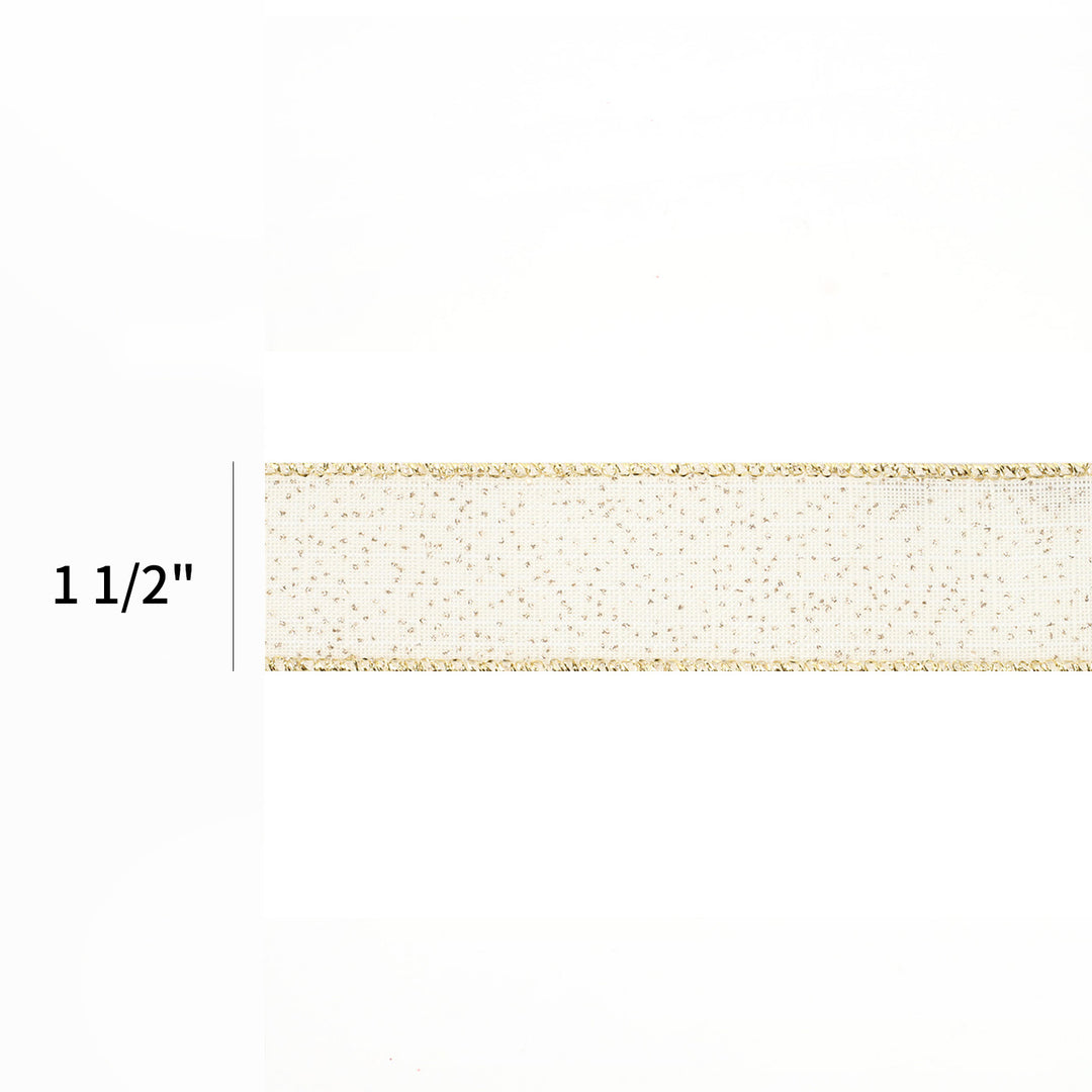 1 1/2" Wired Ribbon | "Glitter Linen" White/Gold | 10 Yard Roll