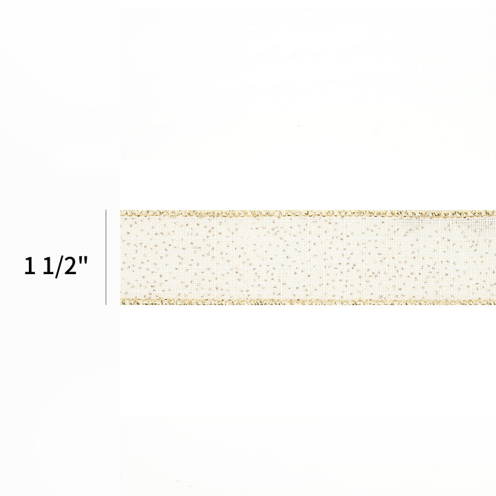 1 1/2" Wired Ribbon | "Glitter Linen" White/Gold | 10 Yard Roll