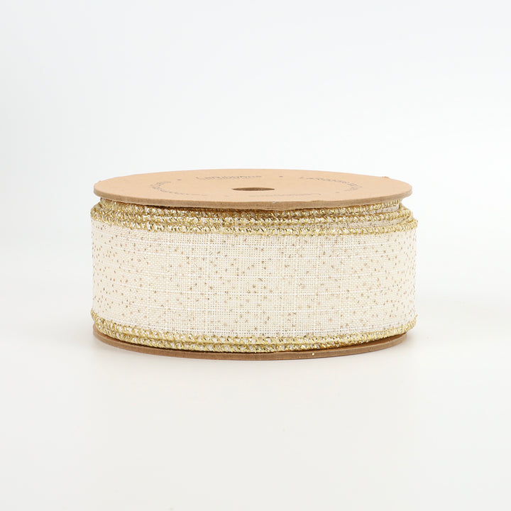 1 1/2" Wired Ribbon | "Glitter Linen" White/Gold | 10 Yard Roll