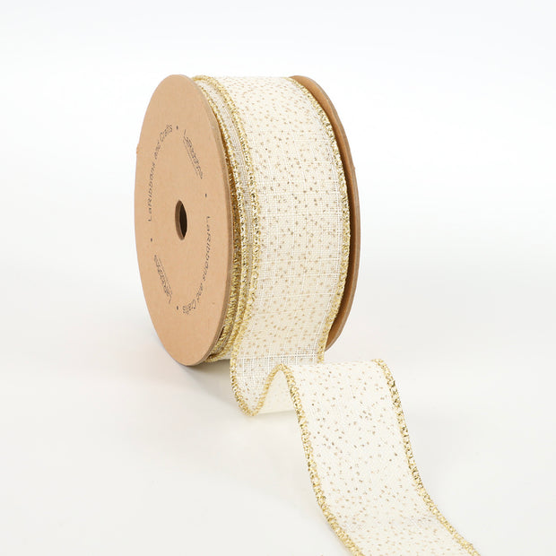 1 1/2" Wired Ribbon | "Glitter Linen" White/Gold | 10 Yard Roll