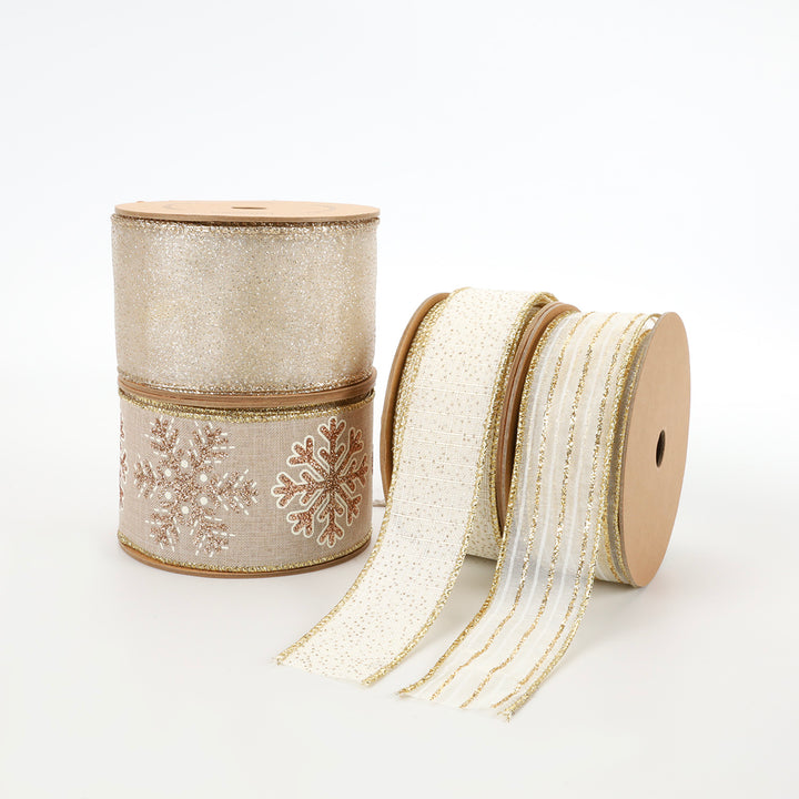 1 1/2" Wired Ribbon | "Glitter Linen" White/Gold | 10 Yard Roll