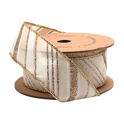 1 1/2" Wired Ribbon | "Glitter Striped" White/Multi | 10 Yard Roll LaRibbons and Crafts