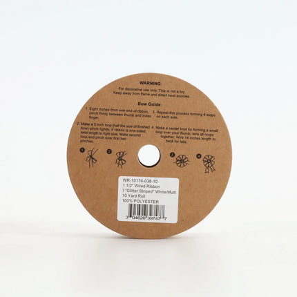 1 1/2" Wired Ribbon | "Glitter Striped" White/Multi | 10 Yard Roll LaRibbons and Crafts