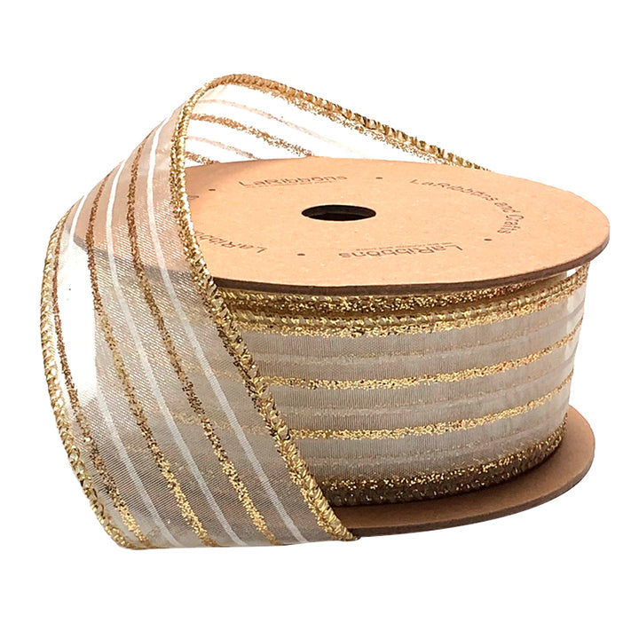 1 1/2" Wired Ribbon | "Glitter Striped" White/Gold | 10 Yard Roll