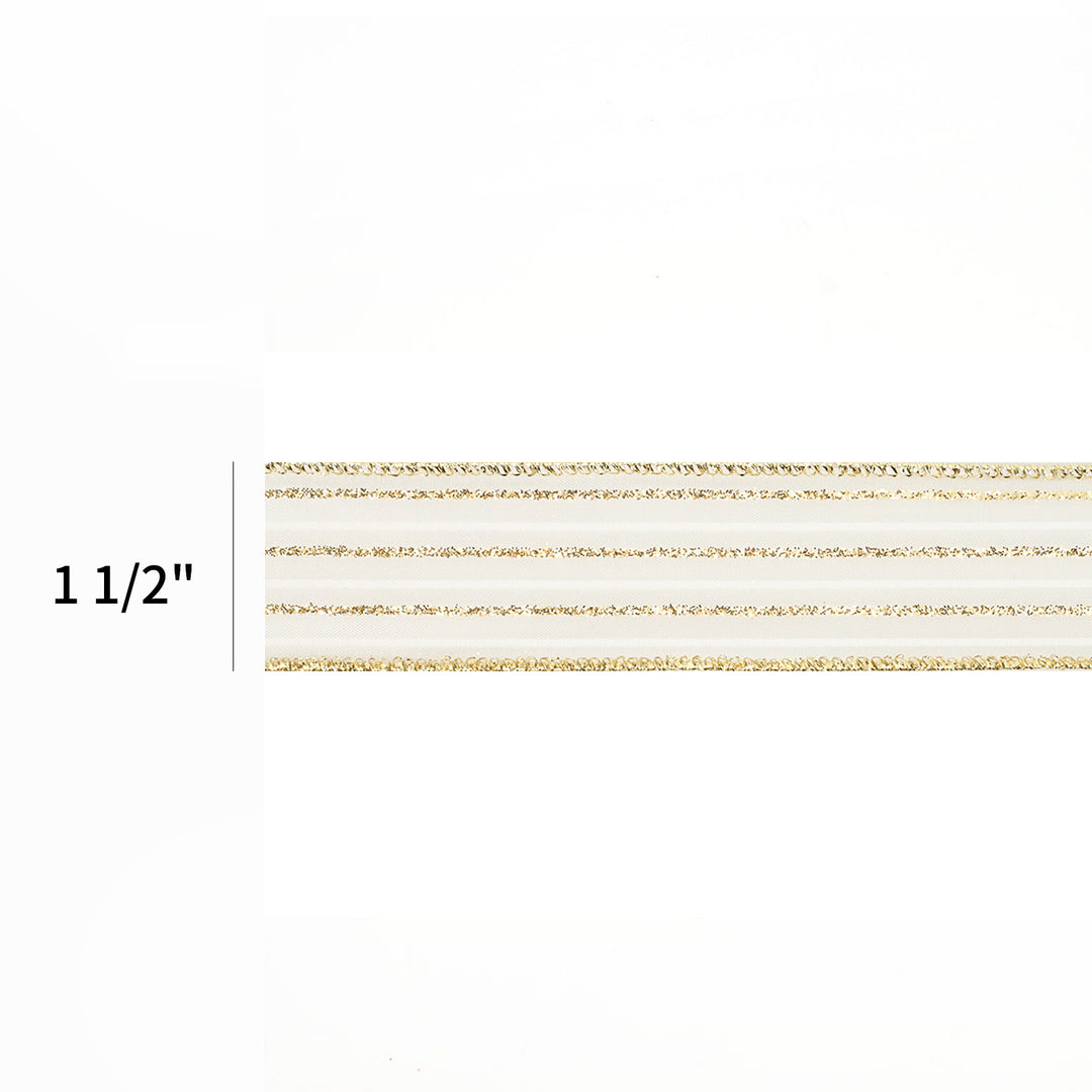 1 1/2" Wired Ribbon | "Glitter Striped" White/Gold | 10 Yard Roll