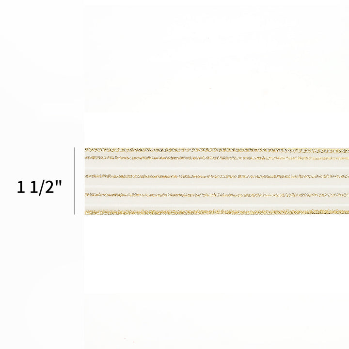 1 1/2" Wired Ribbon | "Glitter Striped" White/Gold | 10 Yard Roll