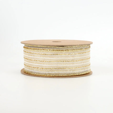 1 1/2" Wired Ribbon | "Glitter Striped" White/Gold | 10 Yard Roll LaRibbons and Crafts