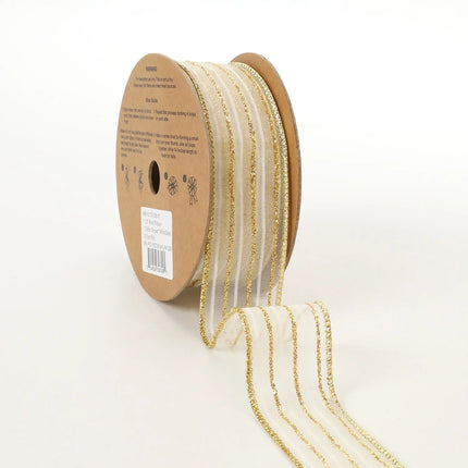 1 1/2" Wired Ribbon | "Glitter Striped" White/Gold | 10 Yard Roll LaRibbons and Crafts