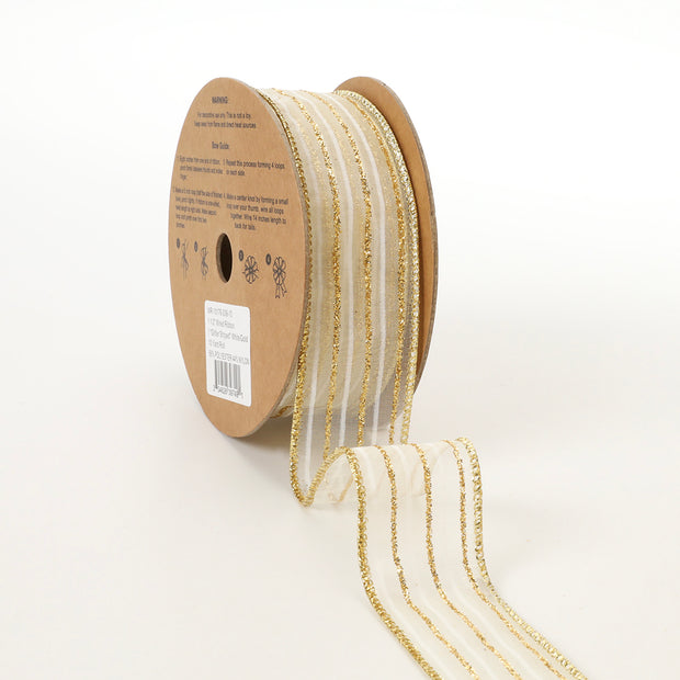 1 1/2" Wired Ribbon | "Glitter Striped" White/Gold | 10 Yard Roll