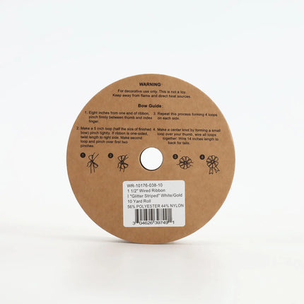 1 1/2" Wired Ribbon | "Glitter Striped" White/Gold | 10 Yard Roll LaRibbons and Crafts