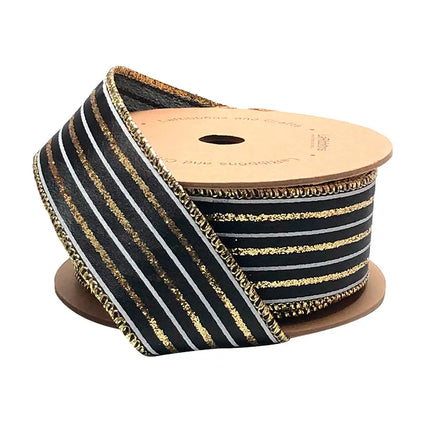 1 1/2" Wired Ribbon | "Glitter Striped" Black/White/Gold | 10 Yard Roll LaRibbons and Crafts
