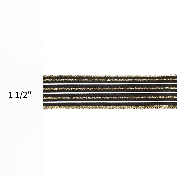 1 1/2" Wired Ribbon | "Glitter Striped" Black/White/Gold | 10 Yard Roll