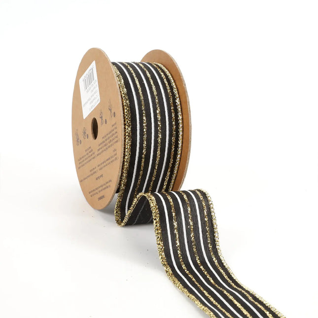 1 1/2" Wired Ribbon | "Glitter Striped" Black/White/Gold | 10 Yard Roll LaRibbons and Crafts