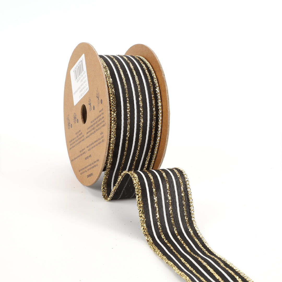 1 1/2" Wired Ribbon | "Glitter Striped" Black/White/Gold | 10 Yard Roll