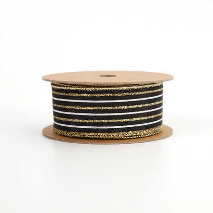 1 1/2" Wired Ribbon | "Glitter Striped" Black/White/Gold | 10 Yard Roll LaRibbons and Crafts