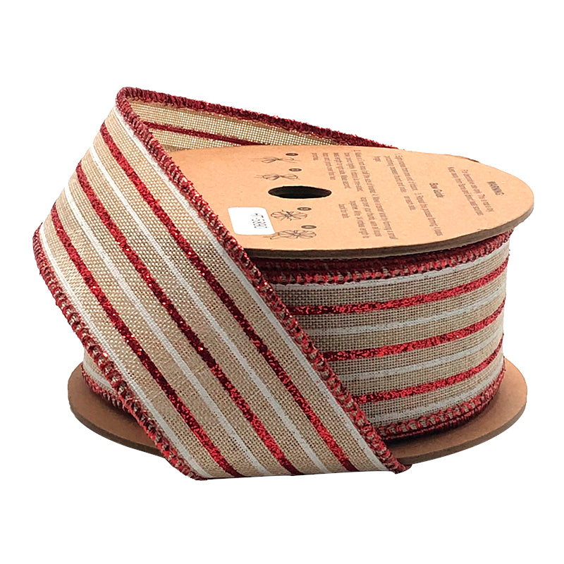 1 1/2" Wired Ribbon | "Glitter Striped" Natural/Red/White | 10 Yard Roll