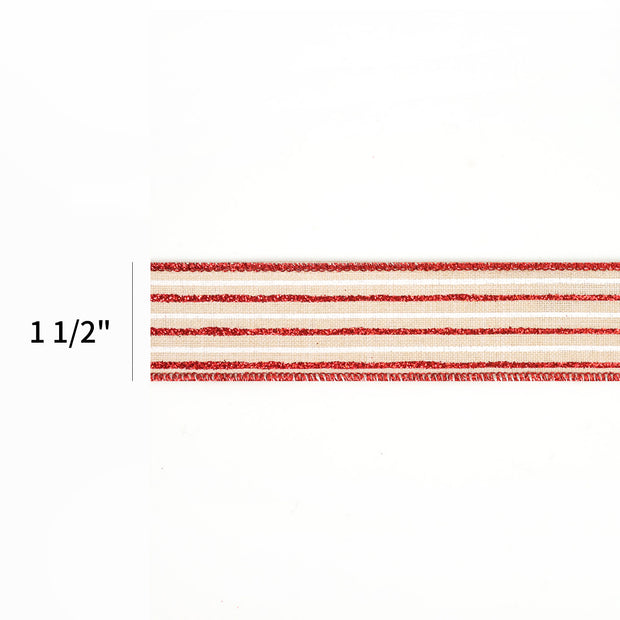 1 1/2" Wired Ribbon | "Glitter Striped" Natural/Red/White | 10 Yard Roll