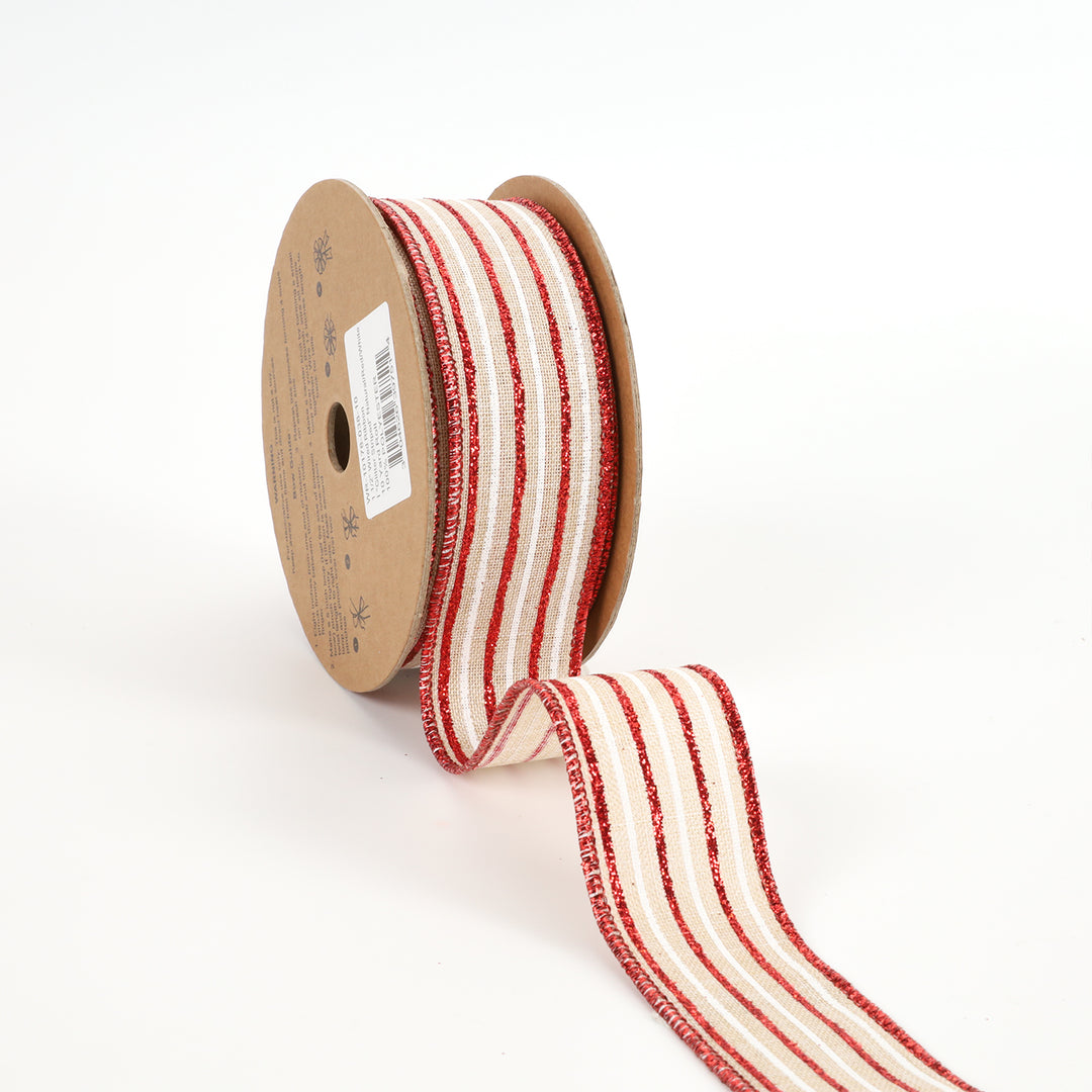 1 1/2" Wired Ribbon | "Glitter Striped" Natural/Red/White | 10 Yard Roll