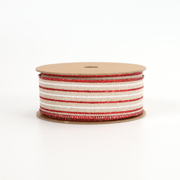 1 1/2" Wired Ribbon | "Glitter Striped" Natural/Red/White | 10 Yard Roll