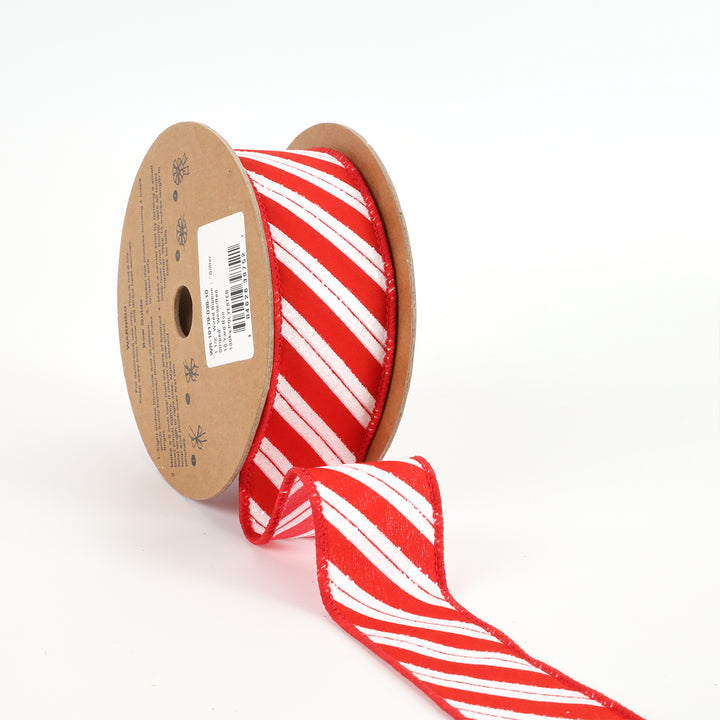 1 1/2" Wired Ribbon | "Glitter Striped" White/Red | 10 Yard Roll