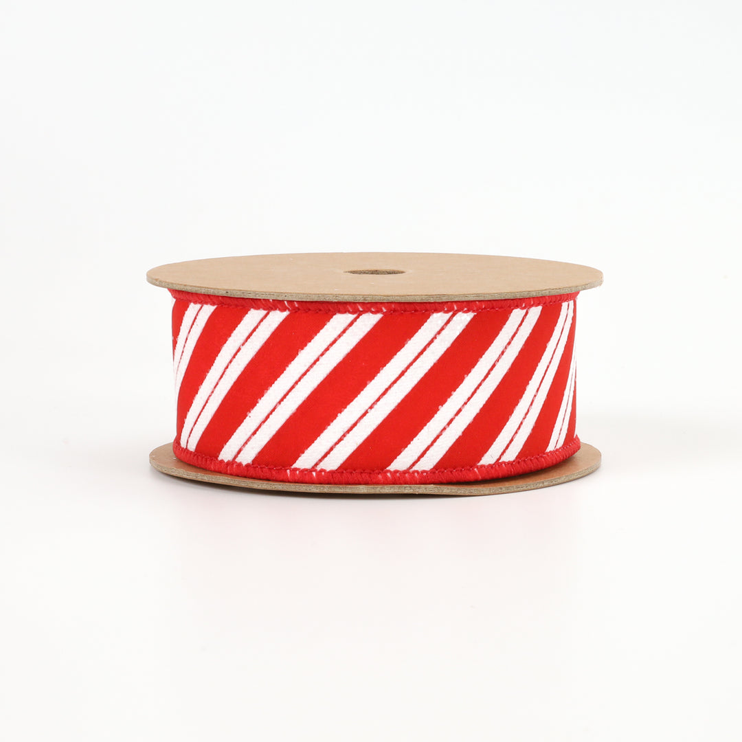 1 1/2" Wired Ribbon | "Glitter Striped" White/Red | 10 Yard Roll